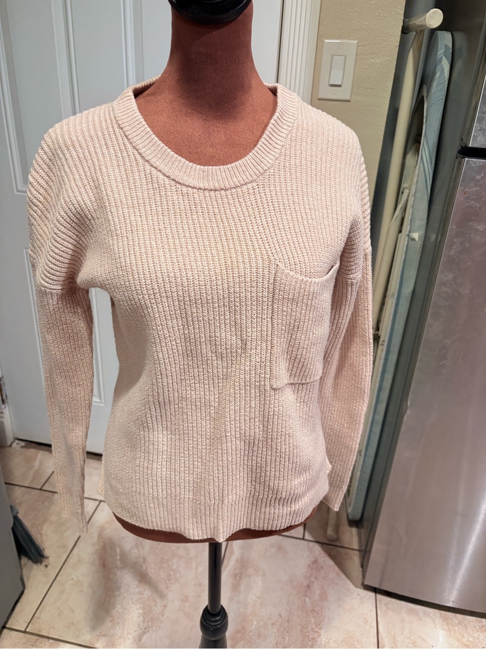 Madewell Light Pink Ribbed Crewneck Sweater with Chest Pocket